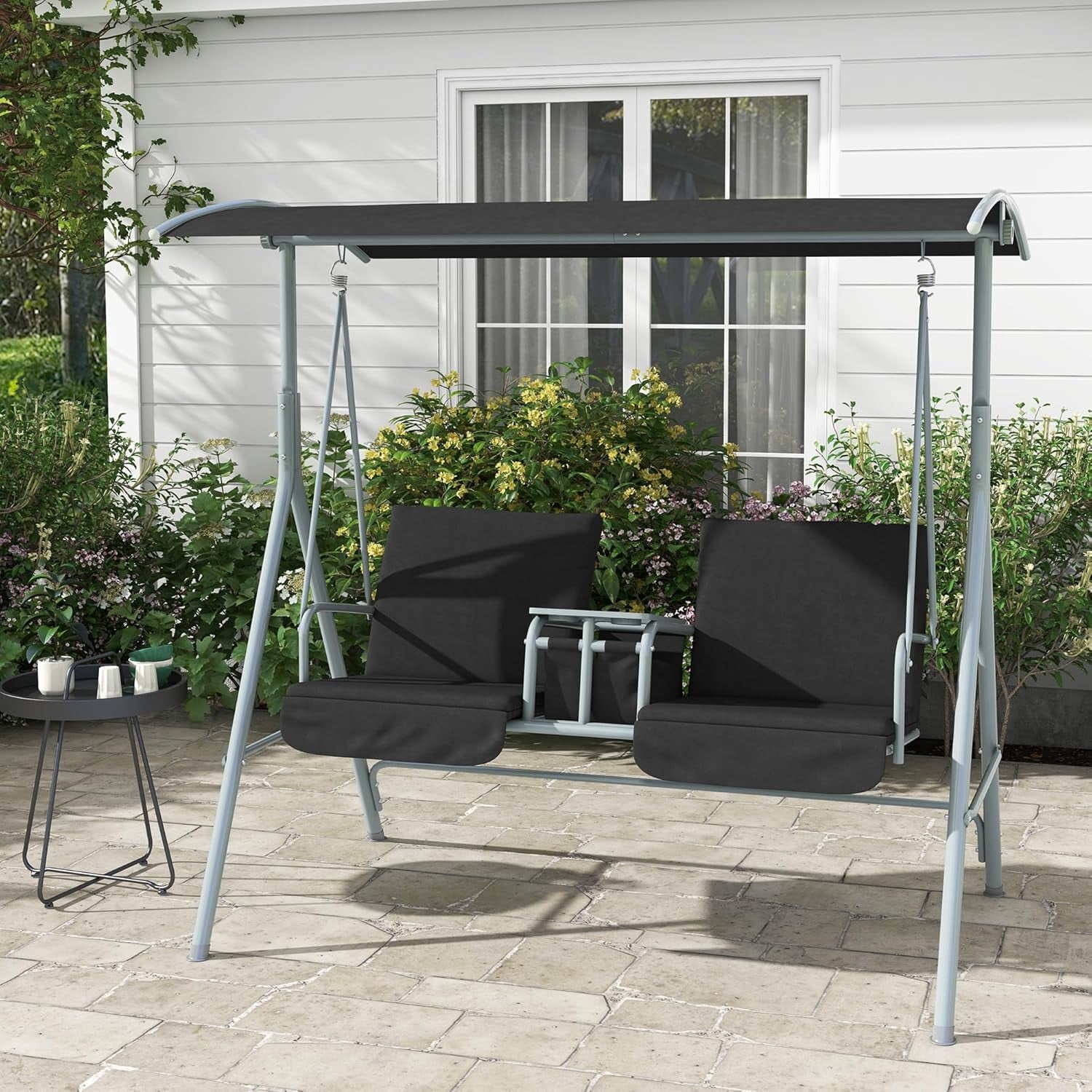 JessieMal 2 Person Porch Swing with Stand, Outdoor Swing with Canopy, Pivot Storage Table, 2 Cup Holders, Cushions for Patio, Backyard, Black