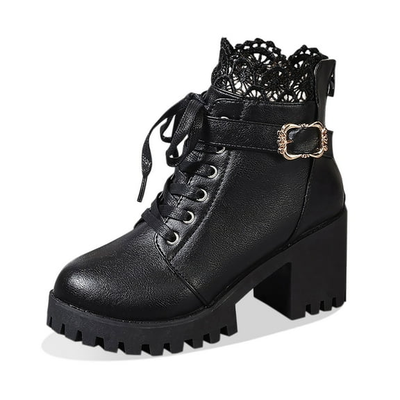 Women's Ankle Boots - Fashion Leather Lace Up Back Zipper Platform High Heeled Winter Footwear for Women