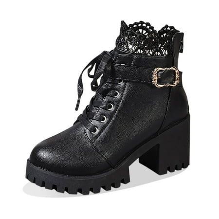 

Ediodpoh Women s Winter Fashion Leather Lace up Back Zipper Ankle Boots Platform Lace High Heeled Boots Women s Boots Black 6.5