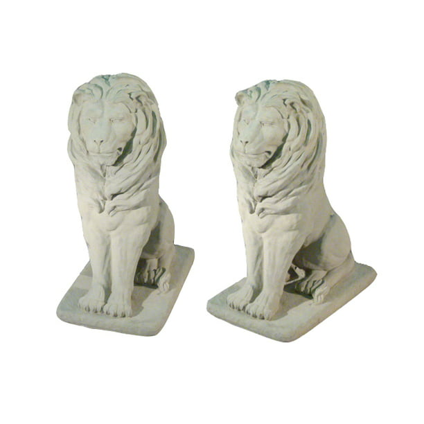 Set Of 2 Regal Sitting Lion Cast Stone, Cast Stone Garden Statue