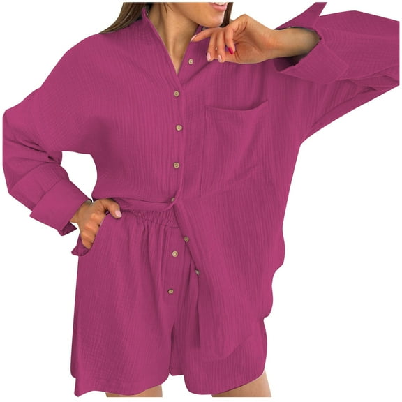 REORIAFEE Outfits for Women Summer Sets 90s Outfit Summer Women's Casual Loose Long Sleeve Lapel Top shorts Hot Pink L