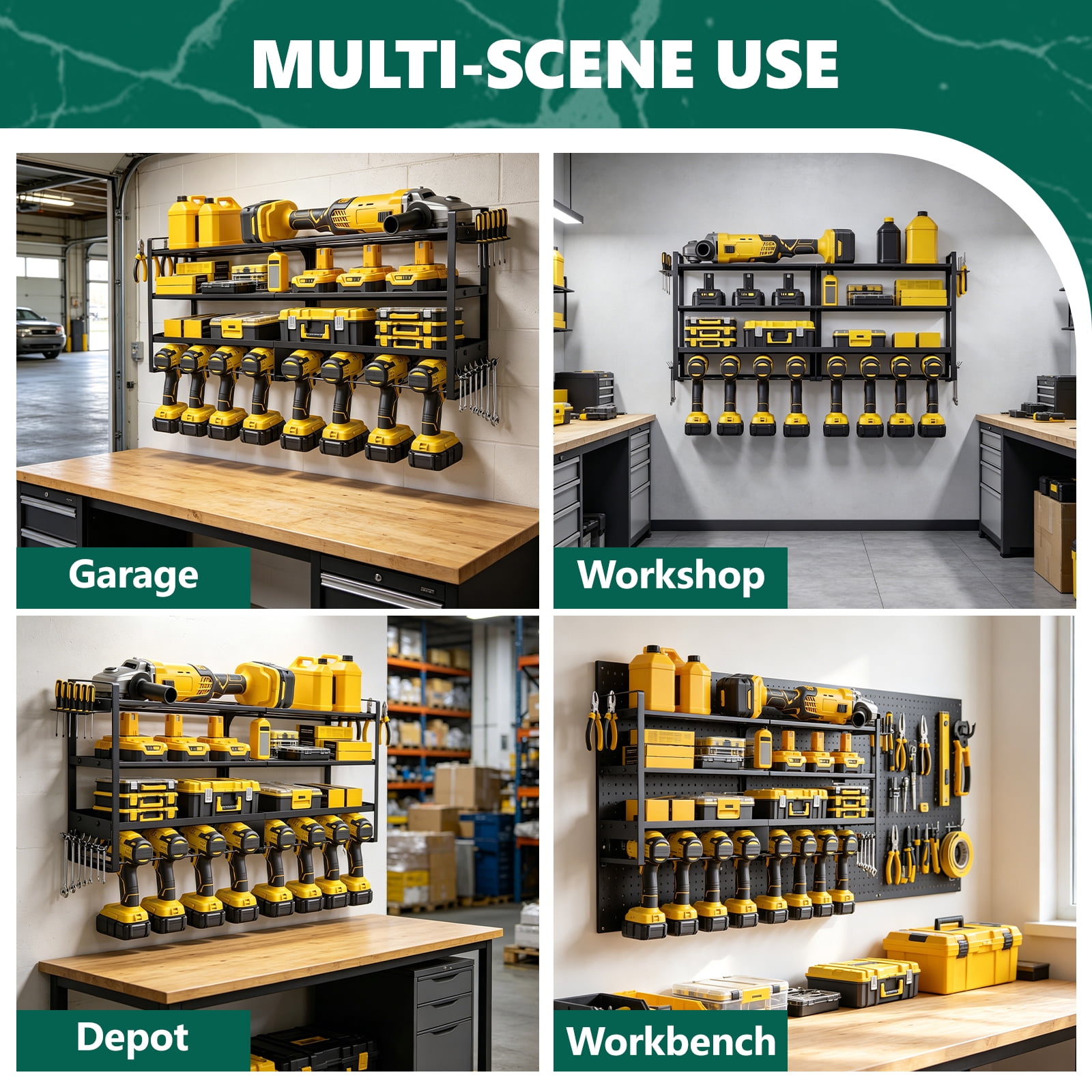 WLLJOY Power Tool Organizer Wall Mount, 4 Layer Heavy Duty Loads 400 lbs, with 8 Drill Holder, Large Tool Storage Rack for Workshop/Utility Room