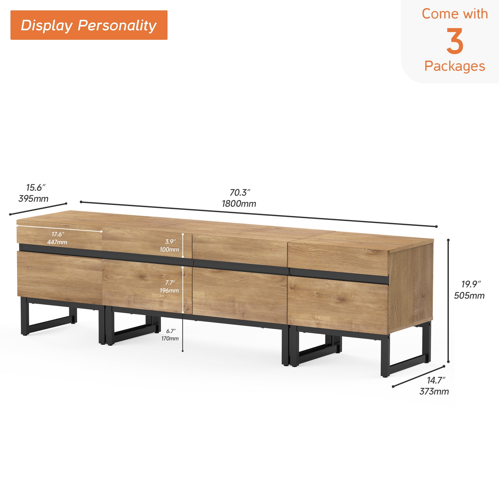 WAMPAT Modern TV Stand for TVs up to 70 inch TV, 3 in 1 Entertainment Center TV Console with Storage Cabinets and Metal Base,Media Console for Living Room, Oak,71''