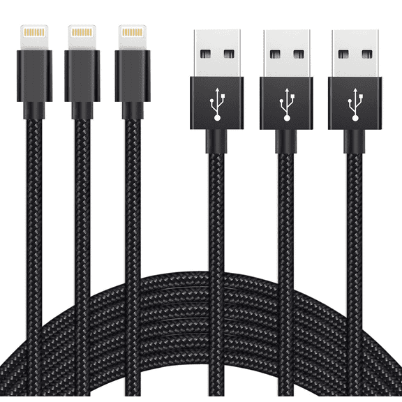 3FT 6FT 10FT Nylon Braided USB Lightning Charging Cable Charge/Data Sync USB Compatible for iPhoneX Case/8/8 Plus/7/7 Plus/6/6s Plus,iPad Mini- Black 1M 2M 3M, 3-Pack