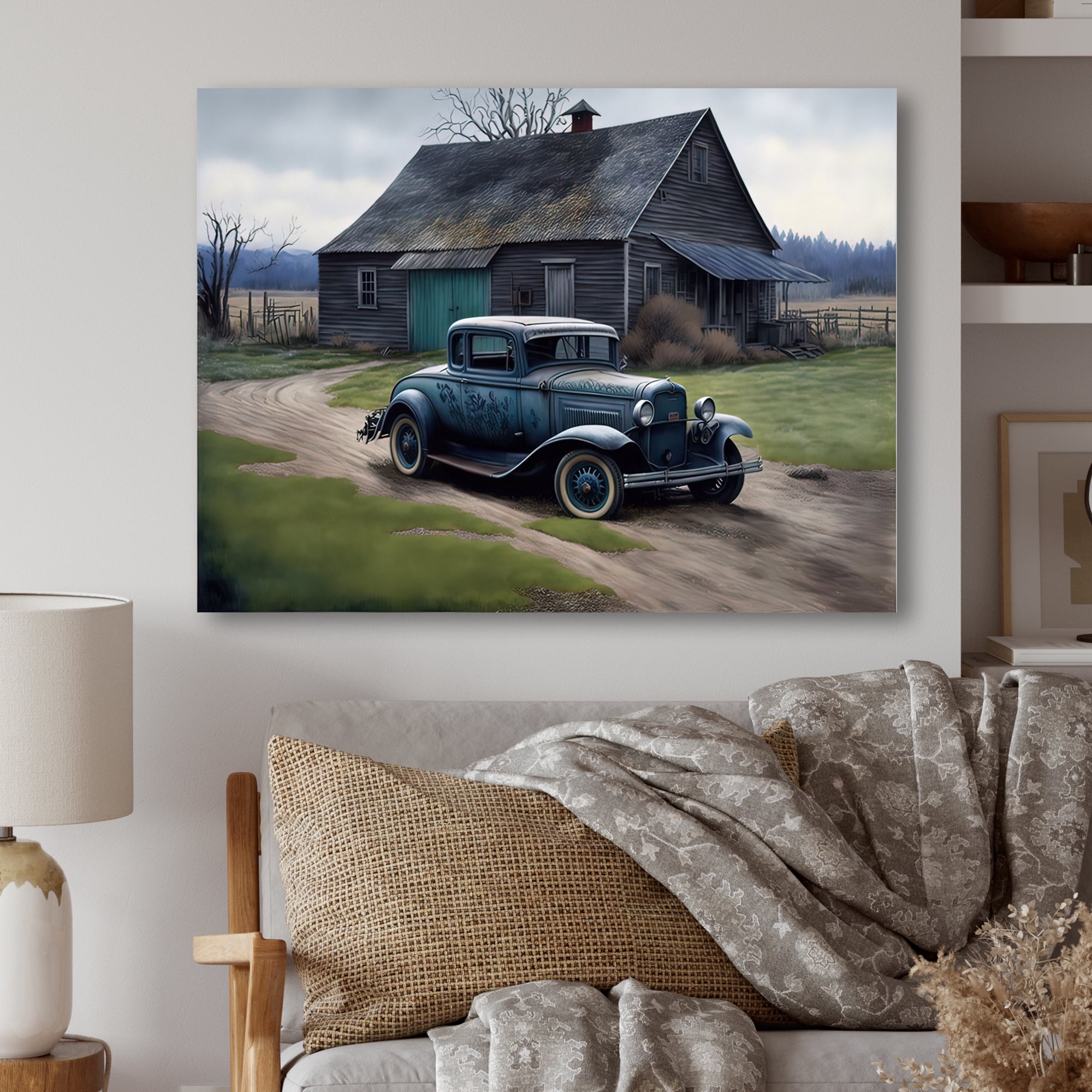 Designart 30S Ford Car In Barn VII Canvas Wall Art