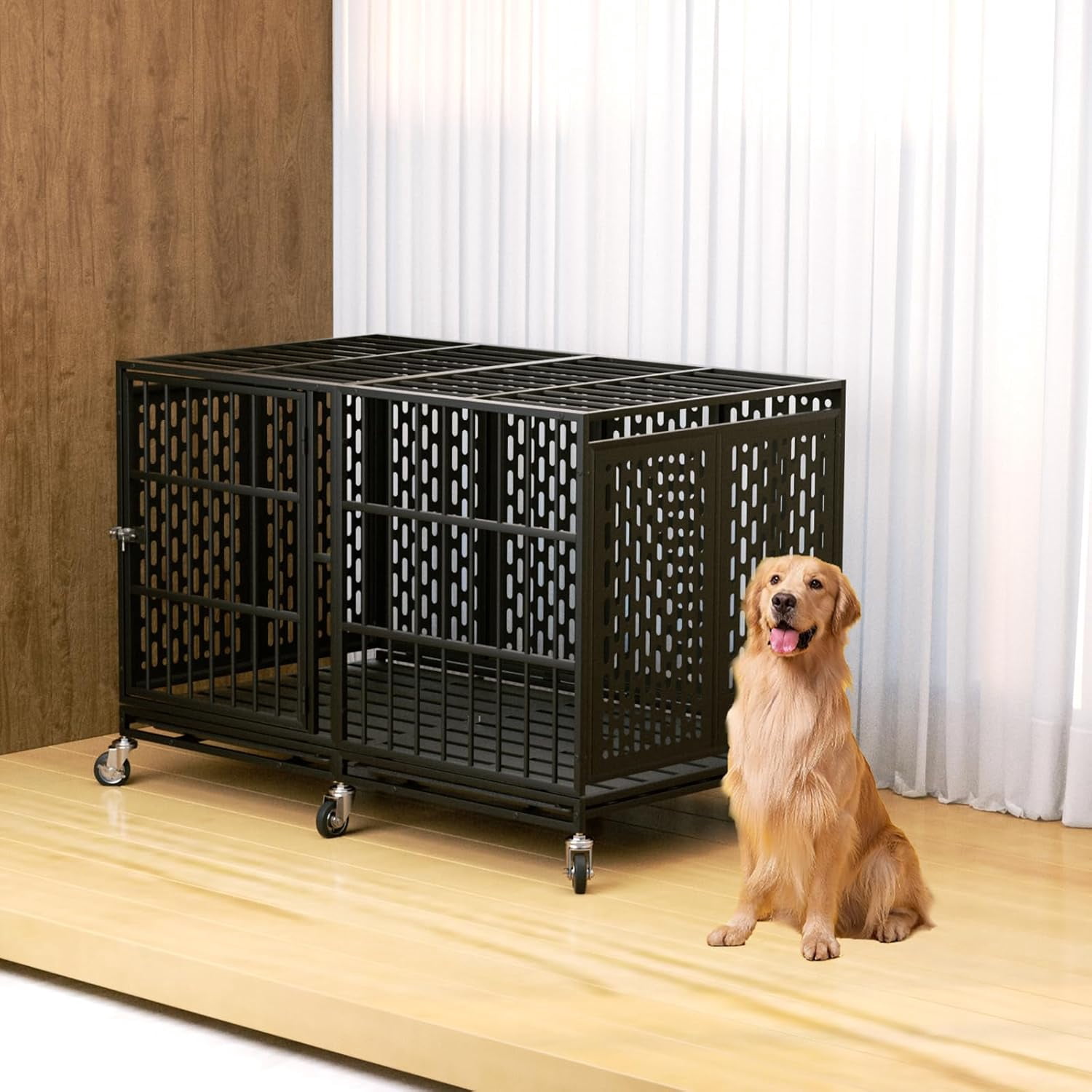 Snuowu 48Inch Heavy Duty Dog Crate with Wheels, Metal Big Dog Cage for Large and Medium Dogs, Extra Large XL XXL Indestructible Dog Crate with Removable Tray.