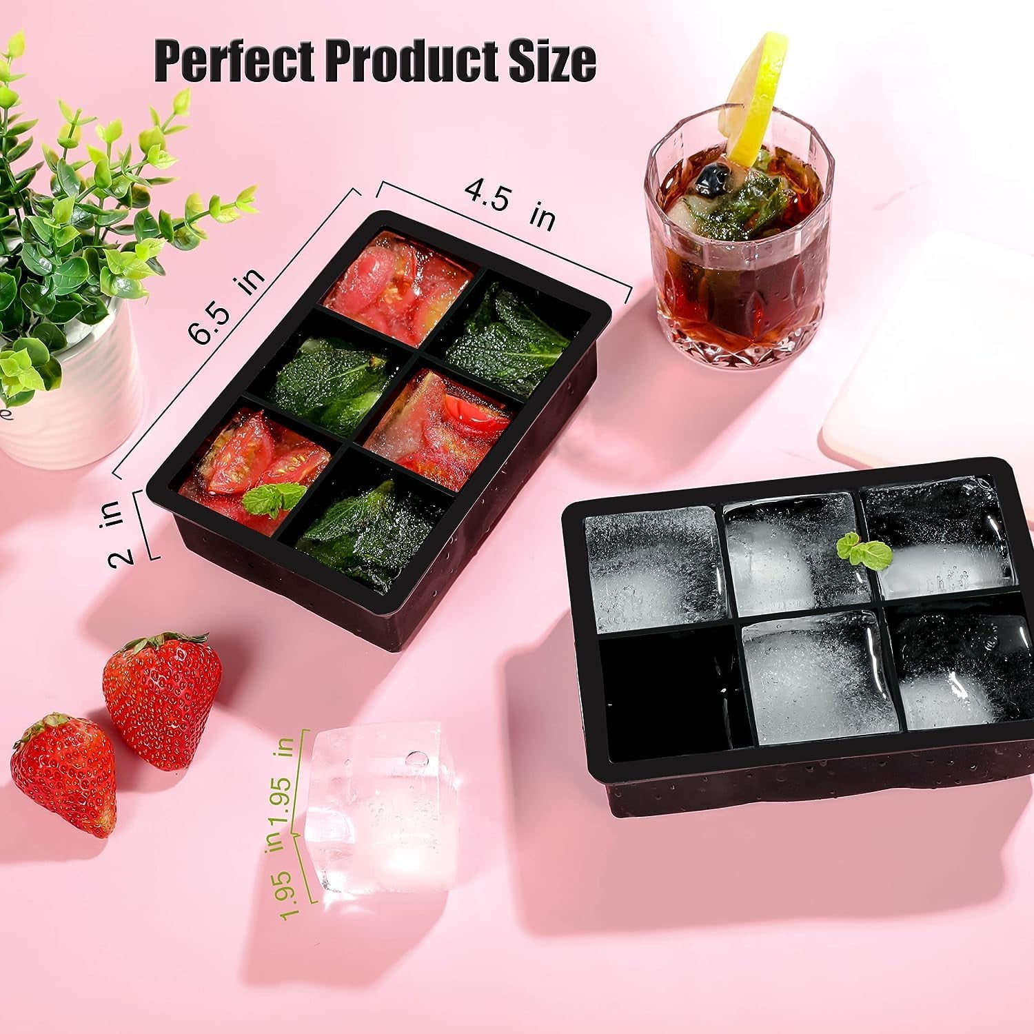 Ice Cube Trays 4 Pack - Silicone Ice CubeTray for Making 24 Pcs Large Ice Cubes, Easy Release Reusable Molds Maker for Chilling Whiskey Wine Cocktail Beverages Juice (4)