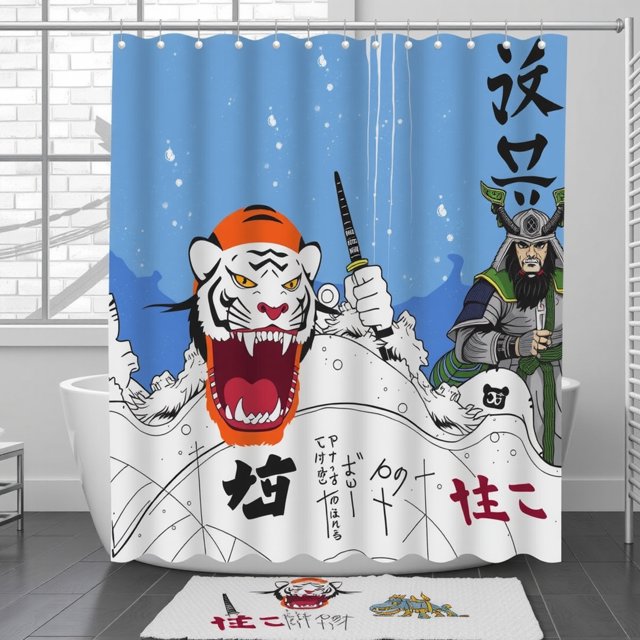 Rideau de Douche Japonais Bleu Vif avec Design Tigre et Vagues
