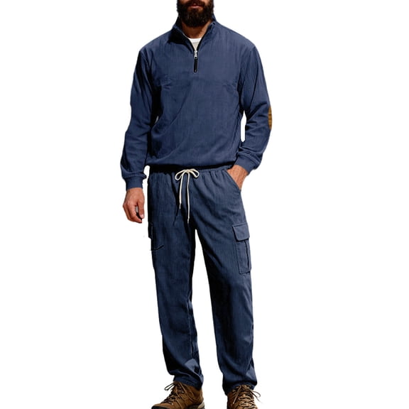 Men's Corduroy Track Suits Sets Long Sleeve Quarter Zip Sweatsuit Athletic Cargo Pants Gym 2 Piece Outfit