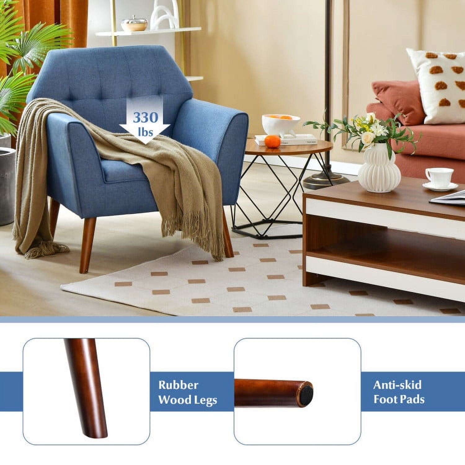 Finihen Upholstered Accent Armchair, Modern Tufted Fabric Accent Chair with Rubber Wood Legs, for Living Room, Bedroom, Blue