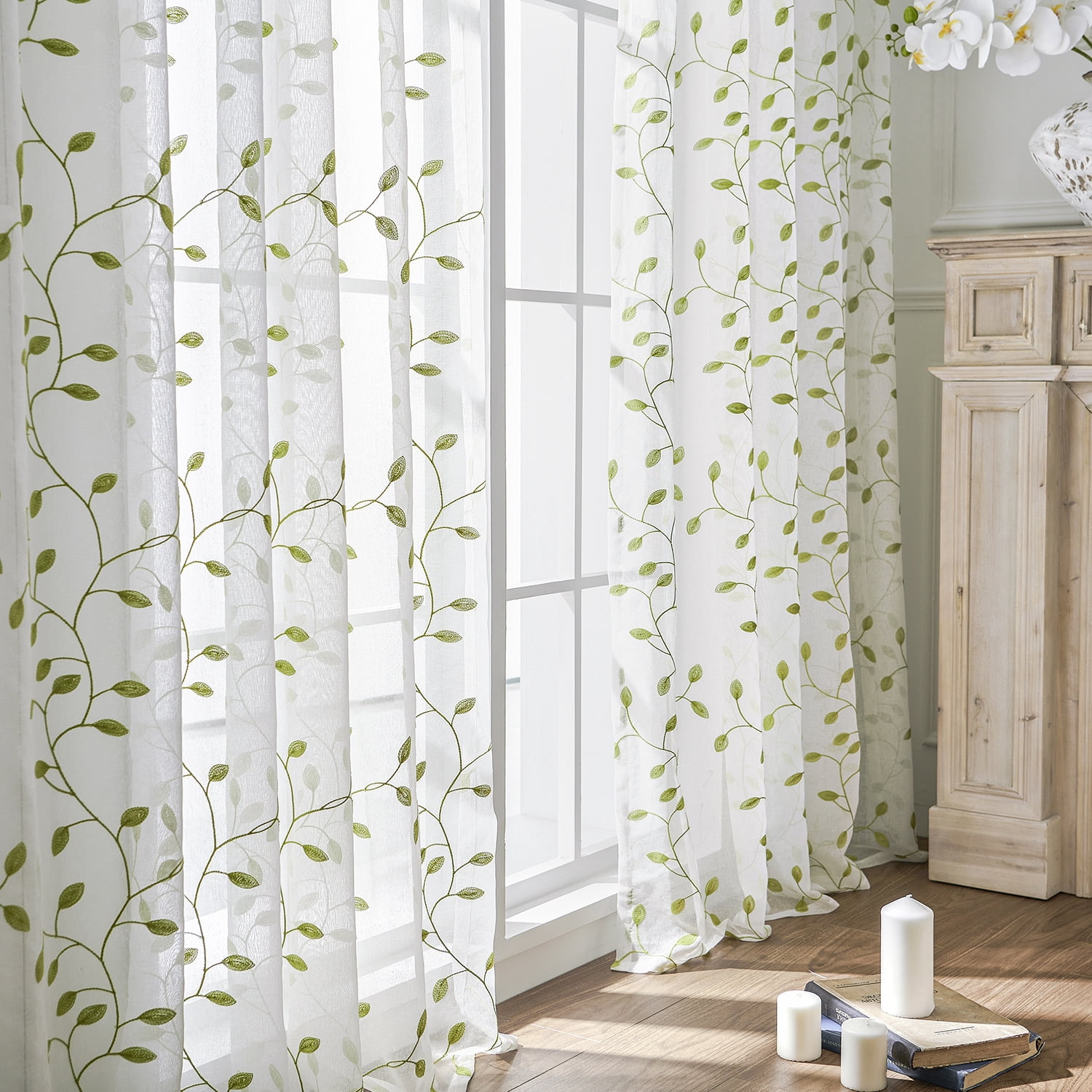 Sunyuer Green Leaves Short Sheer Curtains Green Leaf Embroidery Bedroom Curtain Rod Pocket Voile Faux Linen Embroidered Leaves Curtains for Living Room, 52W X 84L inch, Set of 2 Panels, Green