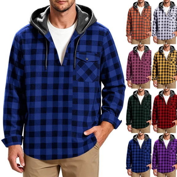 Men's Casual Plaid Shirts,Button Long Sleeve Hooded Pullover Top with Drawstring and Chest Pocket,Weekend Outing