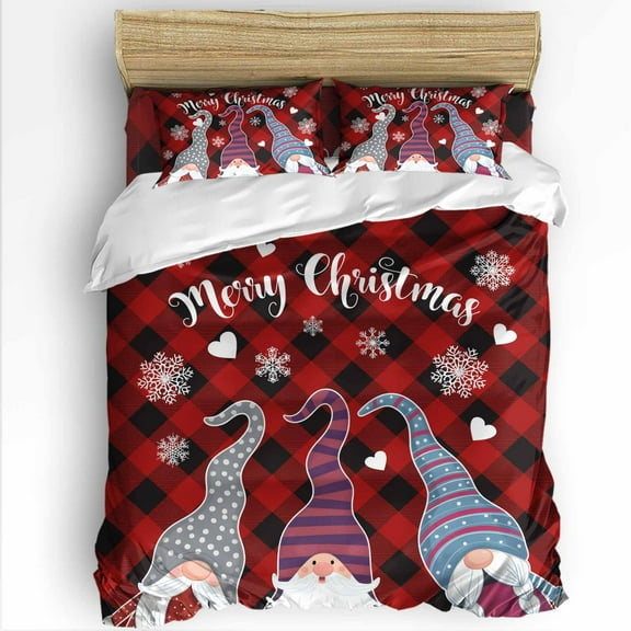 Merry Christmas King Size Comforter Set, Christmas Gnomes Snowflakes Heart Red Plaid Soft Bedding for All Seasons, 4 Pcs Bed Set with 1Comforter (90"x106") ,1 Sheet(94"x116"), 2 Pillowcases (19"x35")