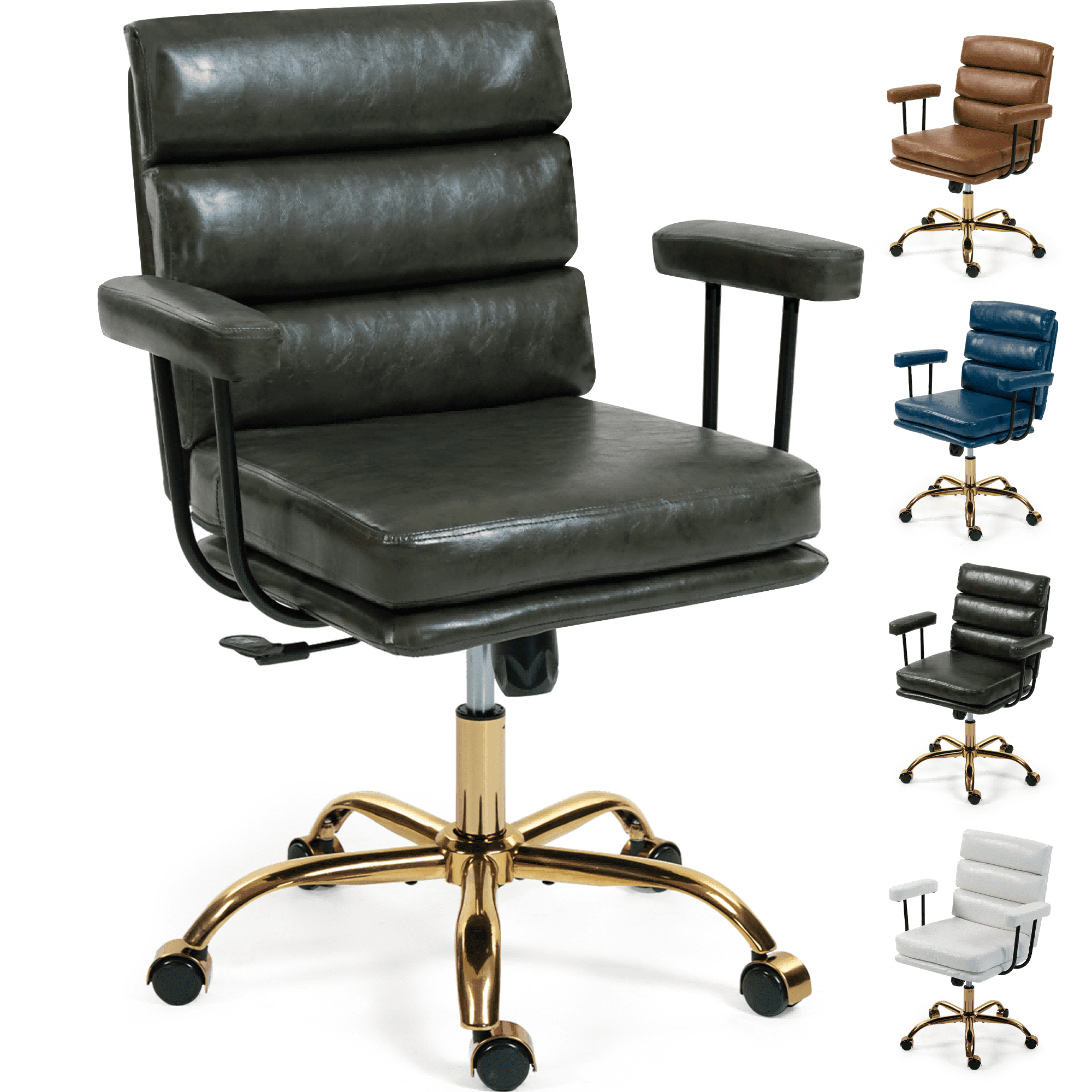 WENTUM Office Chair,Mid Back Home Office Desk Task Chair, Ergonomic PU Leather Computer Rolling Swivel Chair with Padded Armrest, Green