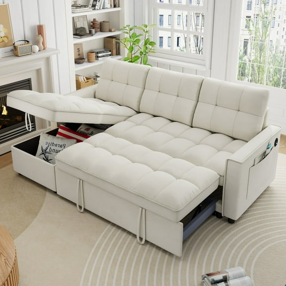 Muumblus Convertible Sofa Bed, Sectional Sleeper Sofa with Storage Chaise, L-Shaped Couch for Living Room, Beige Chenille