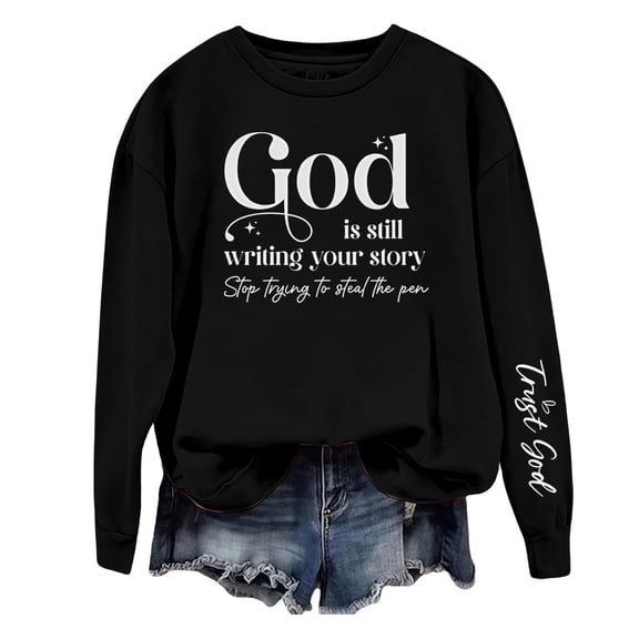 Holzkary Sweatshirts for Women Hoodies God Is Writing Your Story Sweatshirt Grahpic Crewneck Drop Shoulder Shirts Graphic Printed Pullover Top Comfy Fall Winter Outfits Clothes 2025 Fashion Black L