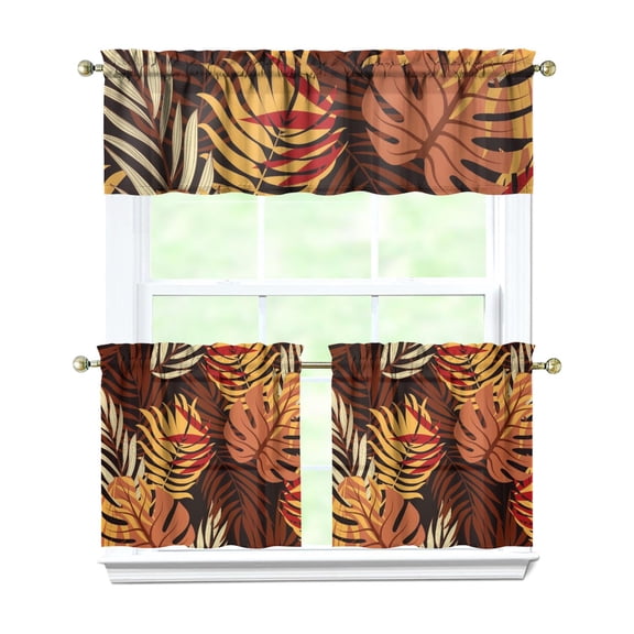 Floral Palm Leaves Kitchen Curtains Set 27.5x24 Inch, Polyester 3 Piece Window Drapes for Café, Laundry, or Bathroom