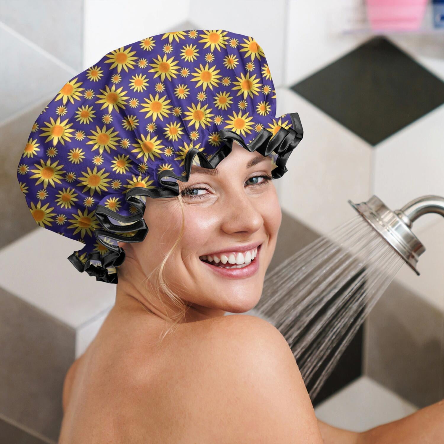 Shower Caps,Purple Sunflower Pattern Waterproof Shower Cap for Women 4 Pieces,Double Reusable Hair Cover for Shower PEVA Elastic Stretch Hem