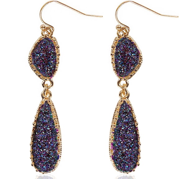 Humble Chic Iridescent Druzy Drop Dangles - Long Double Teardrop Earrings for Women