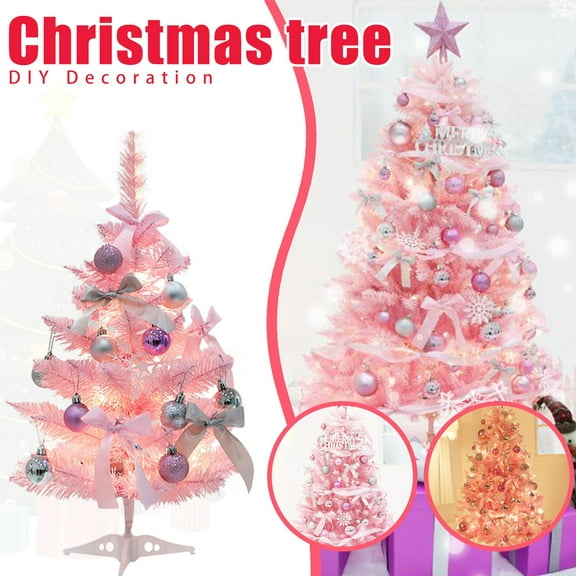 23.6" Mini Christmas Tree Sets with Lights, Exquisite Pink Xmas Tree with Multiple Decorations, Desk Christmas Tree Decorations, Artificial Christmas Tree Ornaments for Home