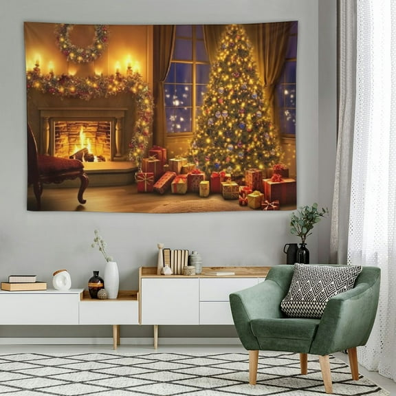 Creowell  Christmas Fireplace Tapestry, Holiday Xmas Fireplace Santa Claus Fire Place for The Living Room Background Wall Hanging for Party Home Christmas Winter Wall Tapestry Backdrop-60x40in 60x40in