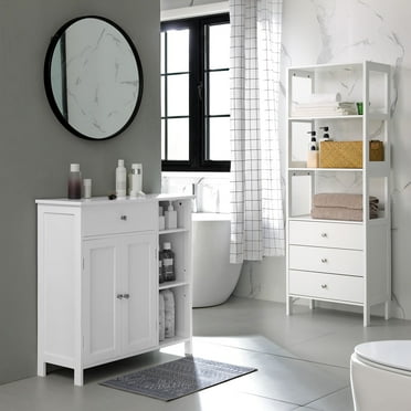 Freestanding Bathroom Cabinet with Drawer & 3 Open Shelves, Adjustable Storage Organizer 11.8x29.5x31.5 Inches， White