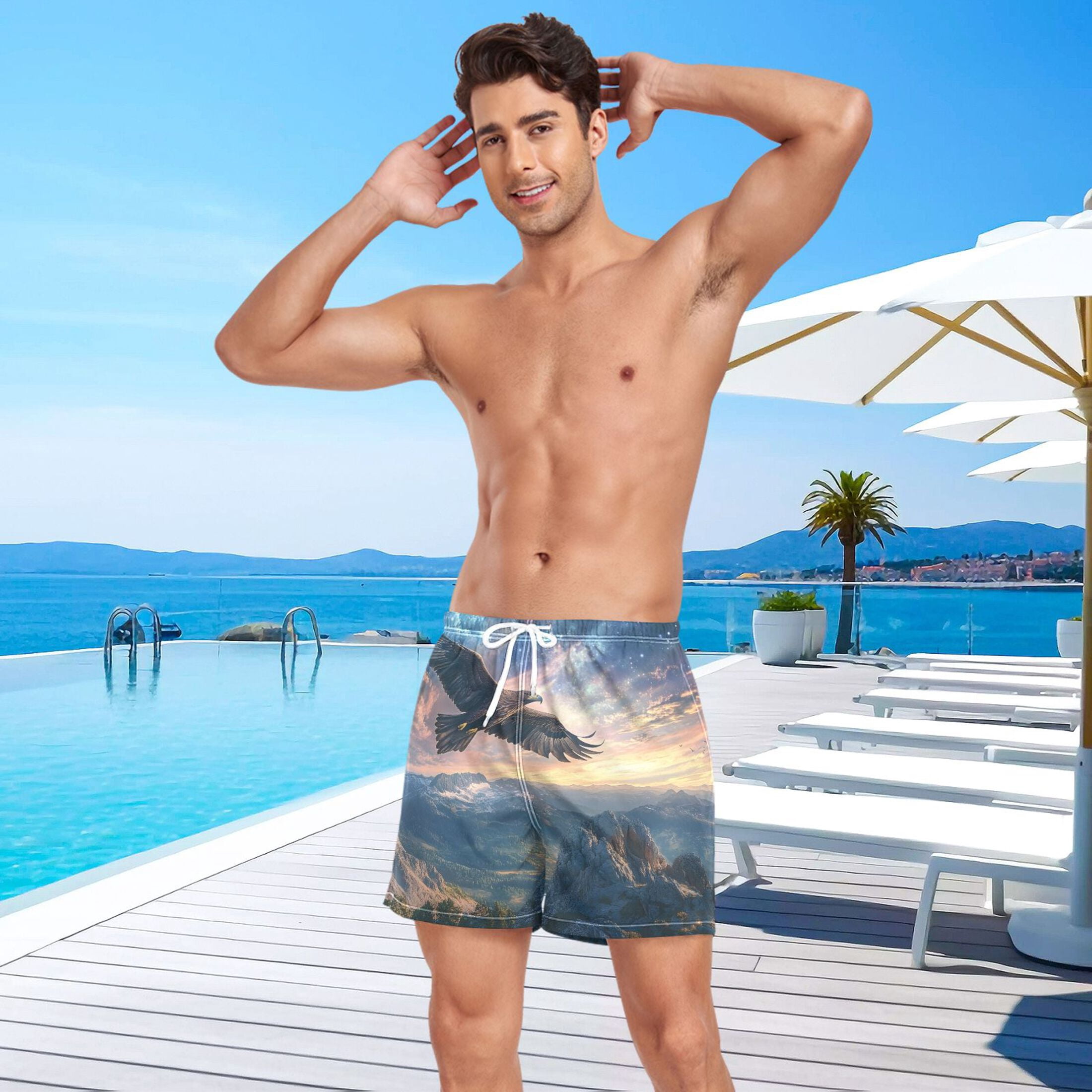 joogoo Men's Eagle Swim Trunks with Liner Pocket Beach Shorts XX-Large