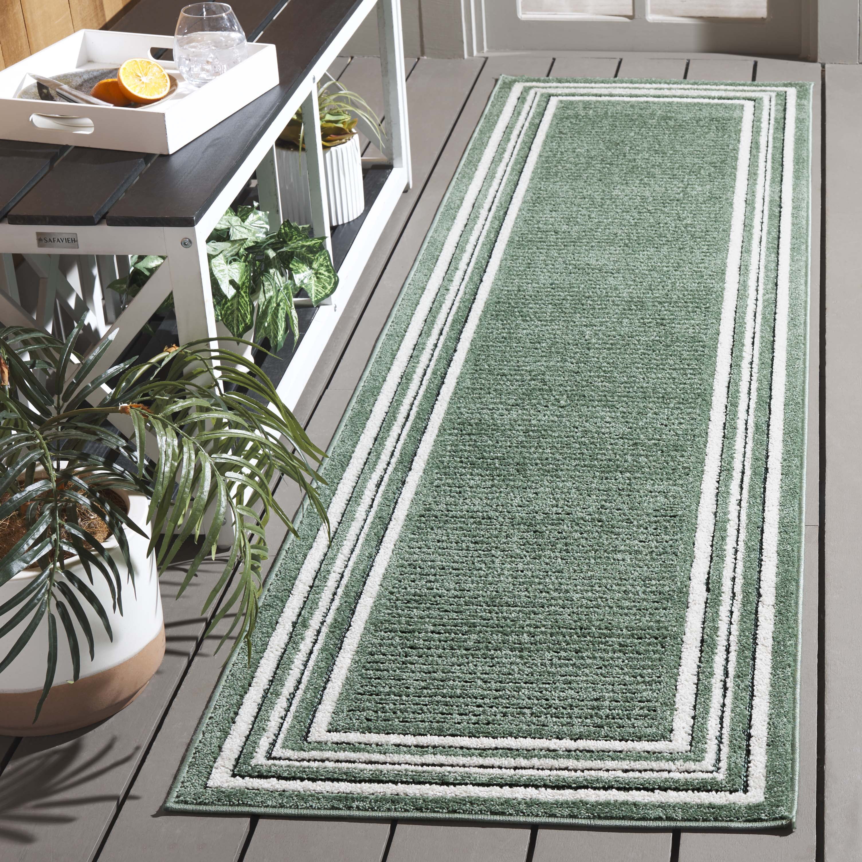 SAFAVIEH Cabana Rado Bordered Indoor/Outdoor Runner Rug, Green/Ivory, 2'2" x 8'