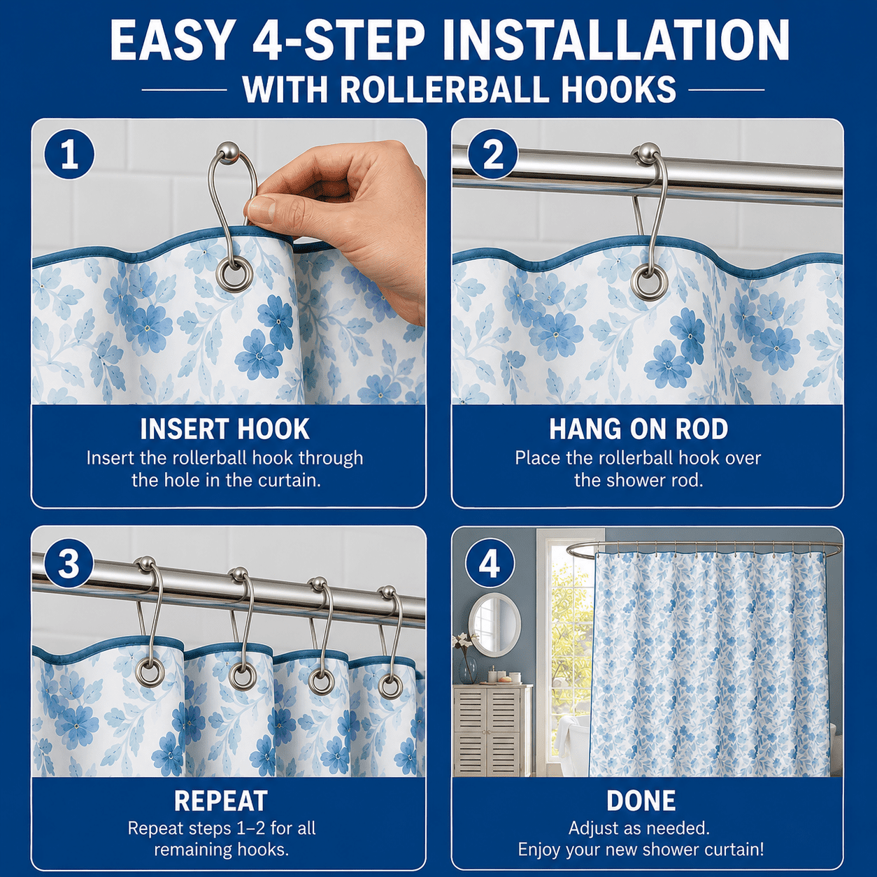 Mainstays 14 Piece Green and Blue Floral Scallop Shower Curtain Set – 72" x 72" Faux Linen Fabric, Waterproof PEVA Liner & Metal Hooks, Machine Washable