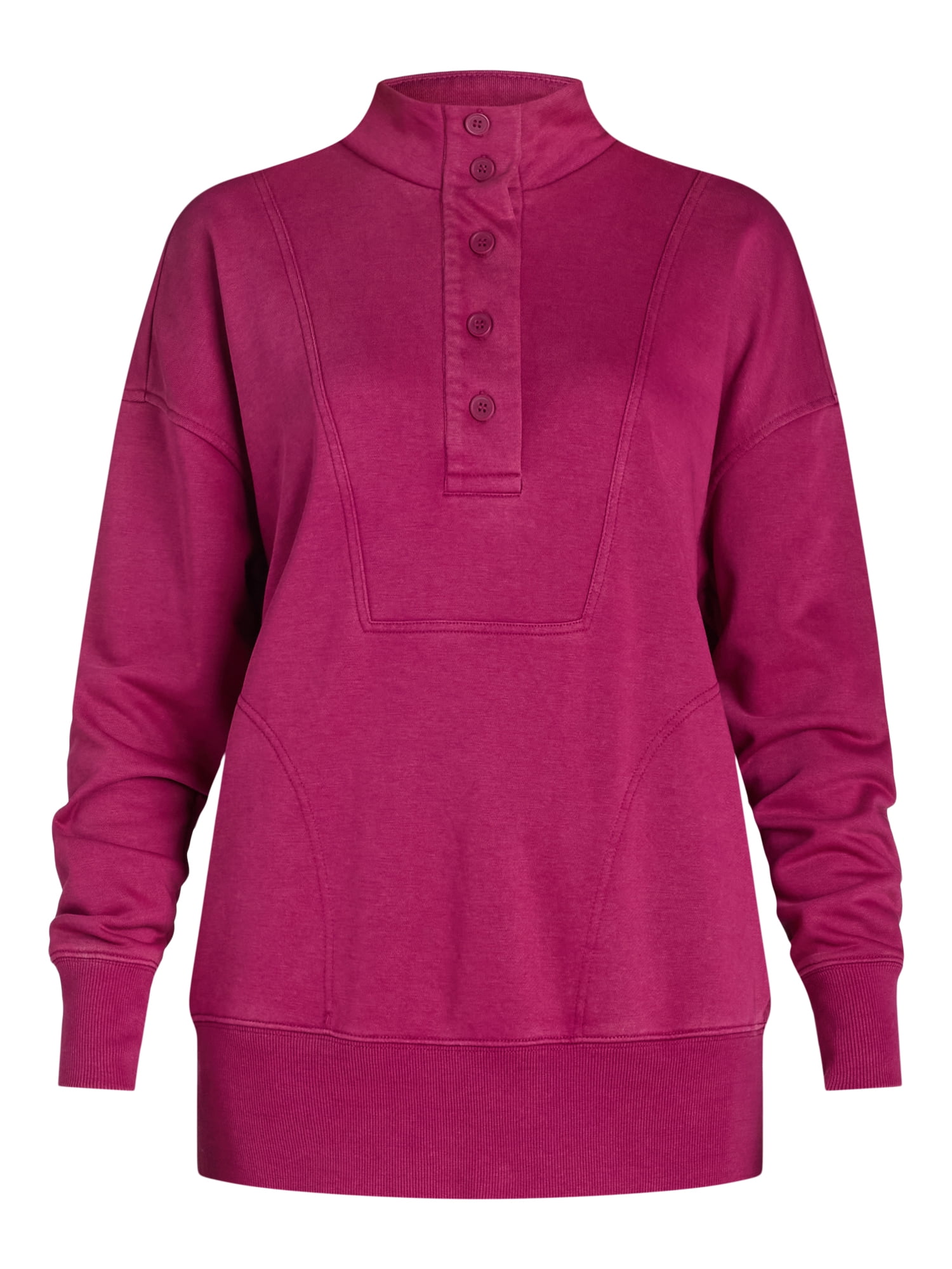 Time and Tru Women's Mock Neck Sweatshirt with Button Placket, Sizes XS-XXXL