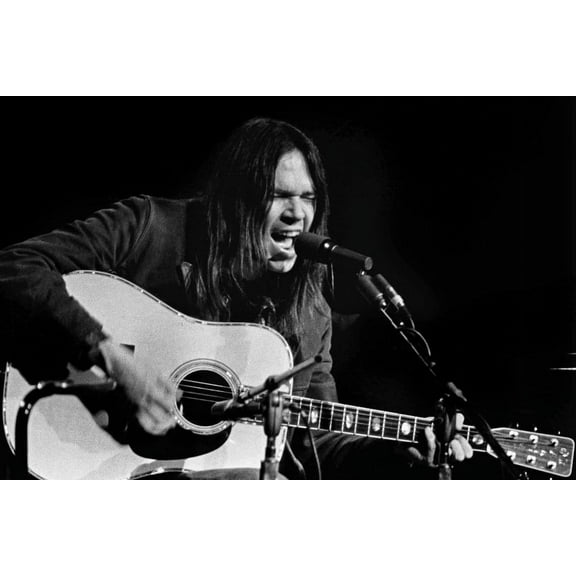 Neil Young in concert iconic b/w image singing with guitar 24x36 Poster