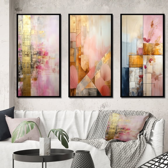 Designart "Vintage Pink Gold Allure Boho Chic II" Abstract Cubism Framed Wall Art Set Of 3 - Pink Cubism Frame Canvas Set For Living Room Decor