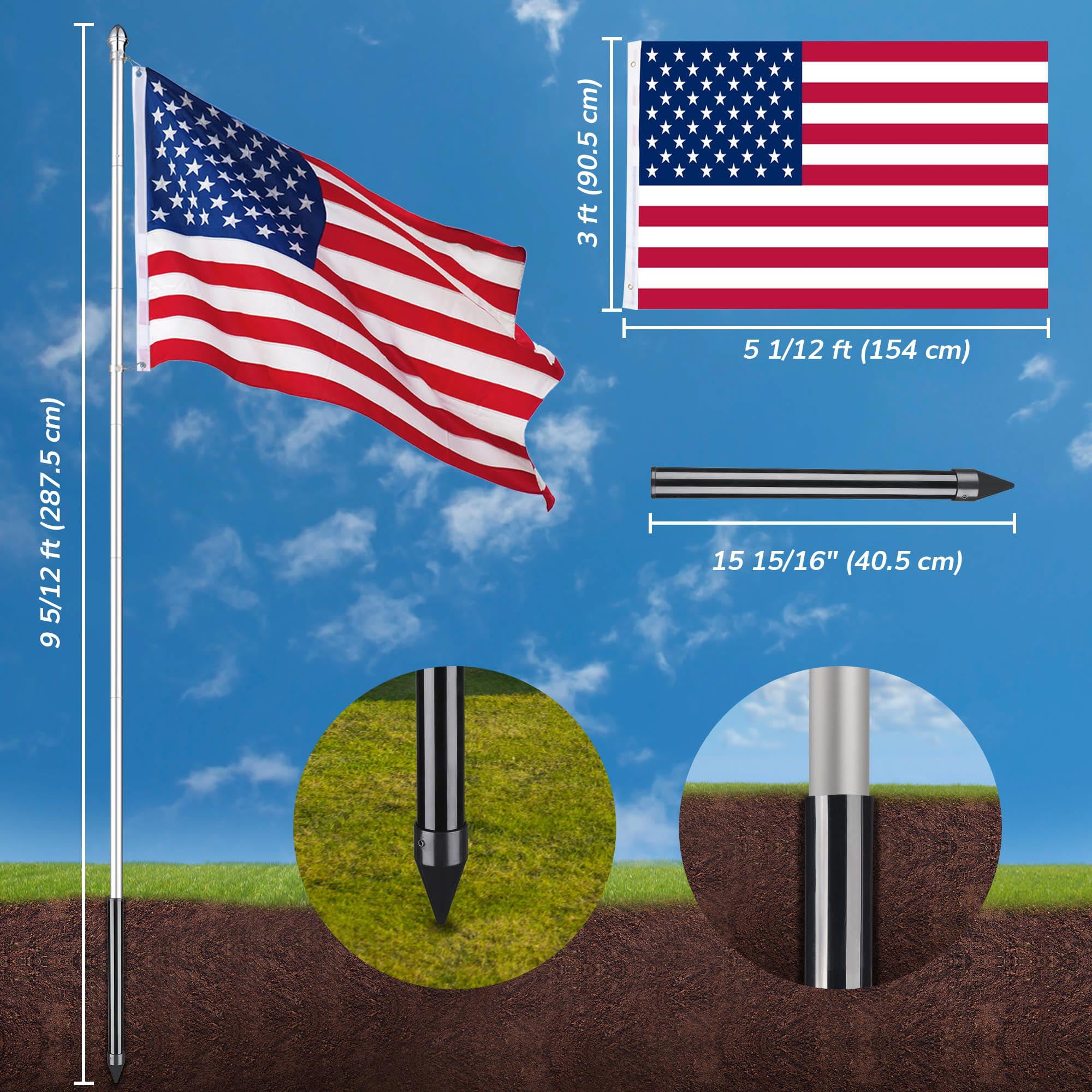 Yescom 10 Ft Aluminum Outdoor Flag Pole Kit in Ground American Flag Ball  Top with Stake, 1 - Fred Meyer