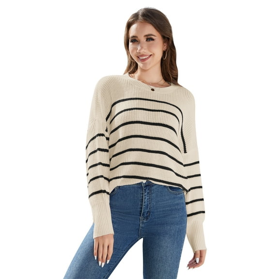 Scacto Women Sweaters Fall Batwing Long Sleeve Side Slit Knit Tops Crew Neck Striped Oversized Sweater Pullover Tops