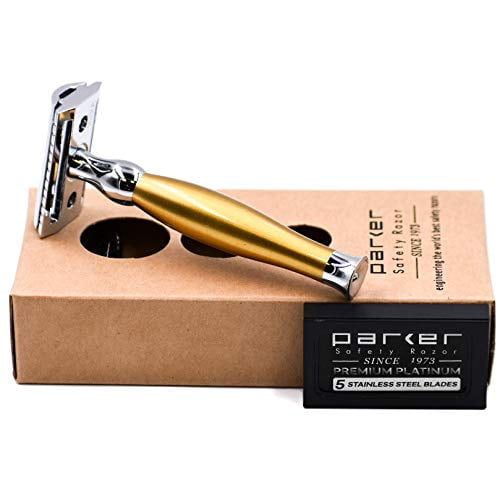 Parker Safety Razor 48R 3-Piece Double Edge Safety Razor in Gold Finish–5 Parker Blades Included