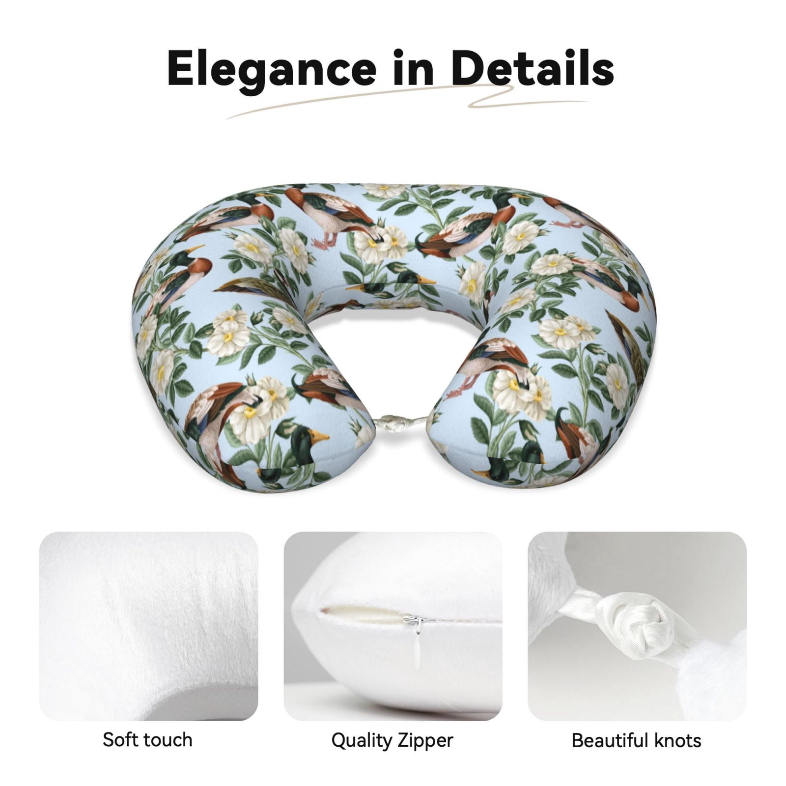 Xecao Mallard Ducks And Roses Print Memory Foam Cervical Neck Pillow Versatile U-Shaped Pillows for Home,Office,Camping,Travelling,Soft Washable Cover