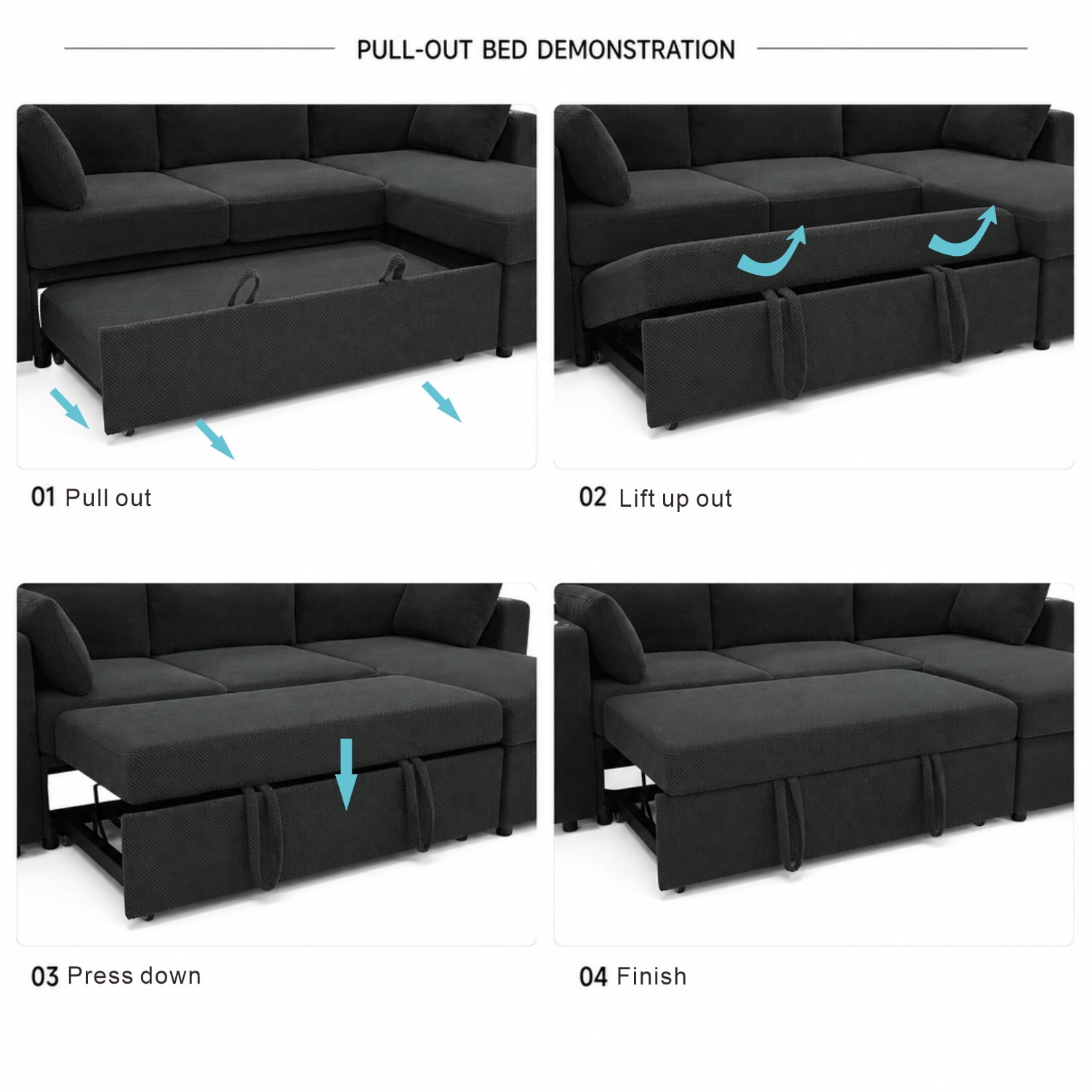 Leumius 82.5" Sectional Sofa with Pull-Out Bed,L-Shaped Sofa with Storage Chaise, Cup Holders and 2 Pillows,Dark Gray