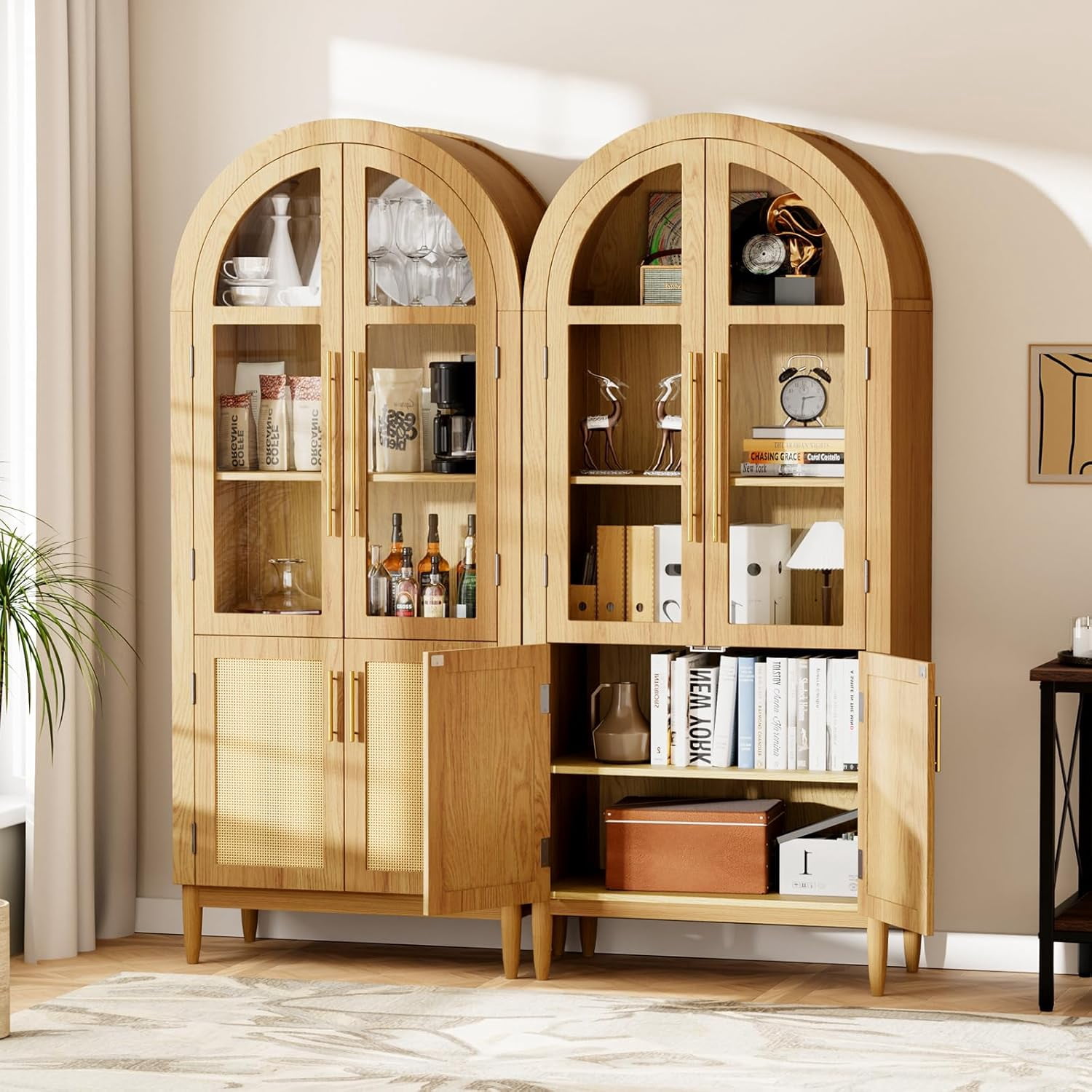 MAYEERTY 71"H Arched Accent Cabinet, Wood Kitchen Pantry Cabinets with Glass Rattan Door and Adjustable Shelf for Living Room, Dining Room, Natrual