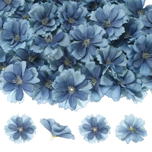 Uxcell 50 Paquete Cabezas de Flores Artificiales Cabeza de Ciruelo de Seda Falsa Azul