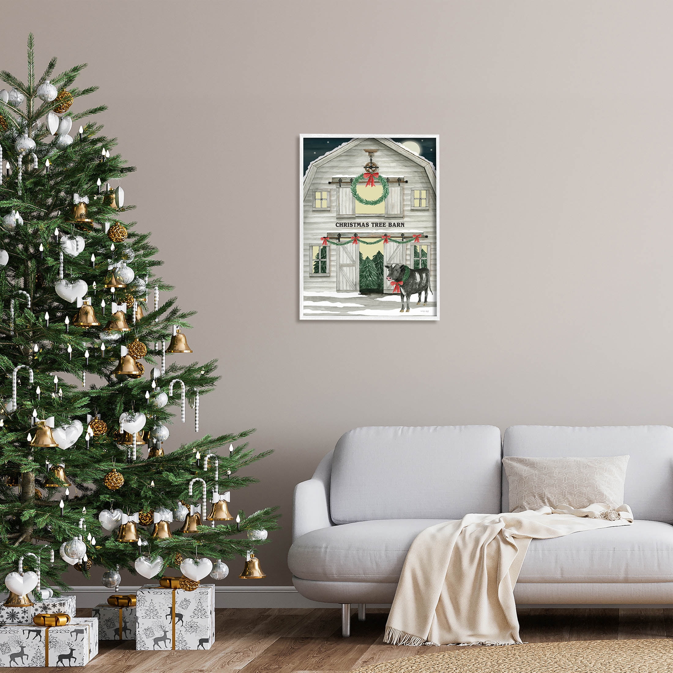 Christmas Tree Barn Rural Countryside Holiday Graphic Art White Framed Art Print Wall Art