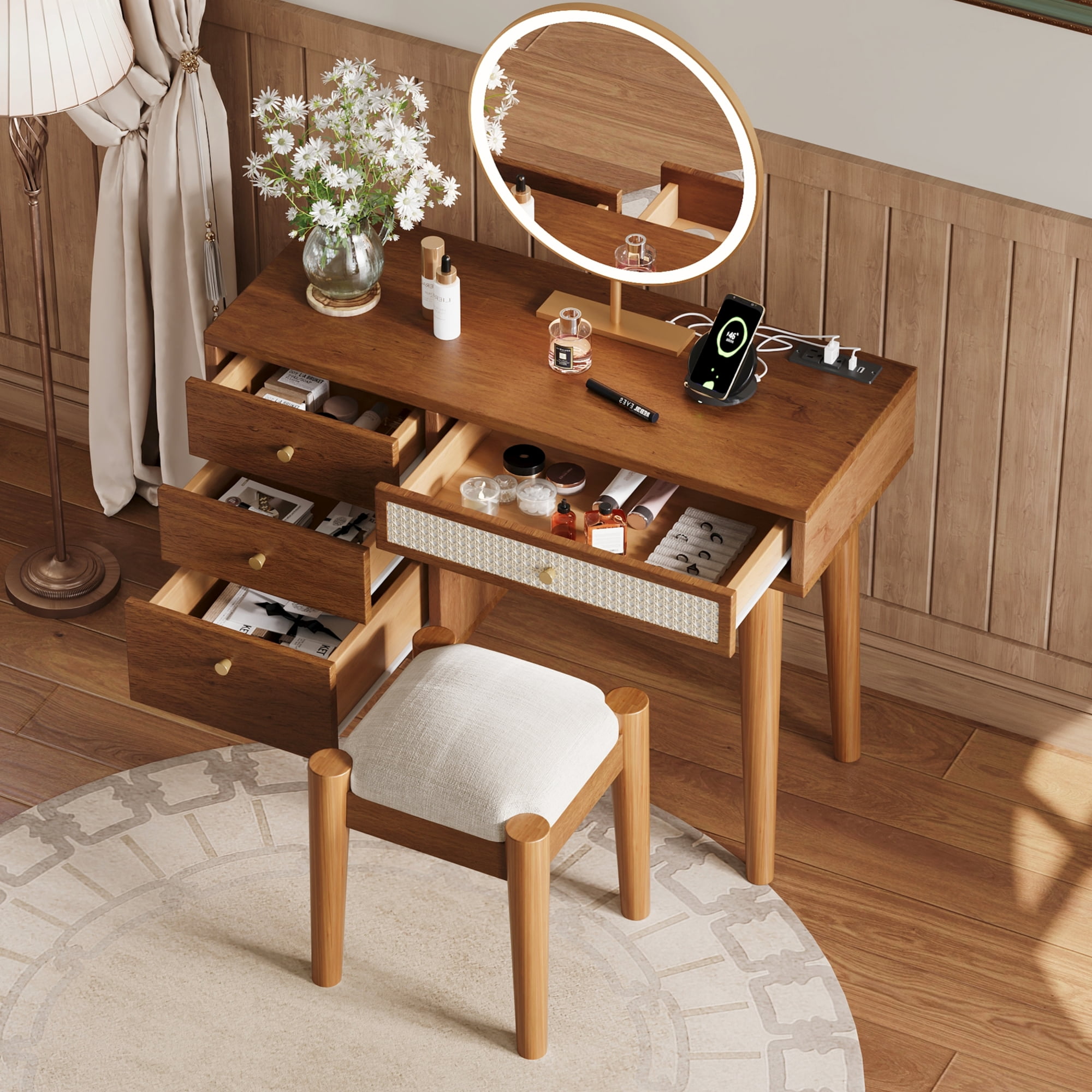 Harper & Bright Designs 39" Wood Vanity Desk with Rattan Drawers , Makeup Vanity Table Set with Stool , Dressing Table with Charging Plug and USB Port for Bedroom , Wood (Mirror not included)