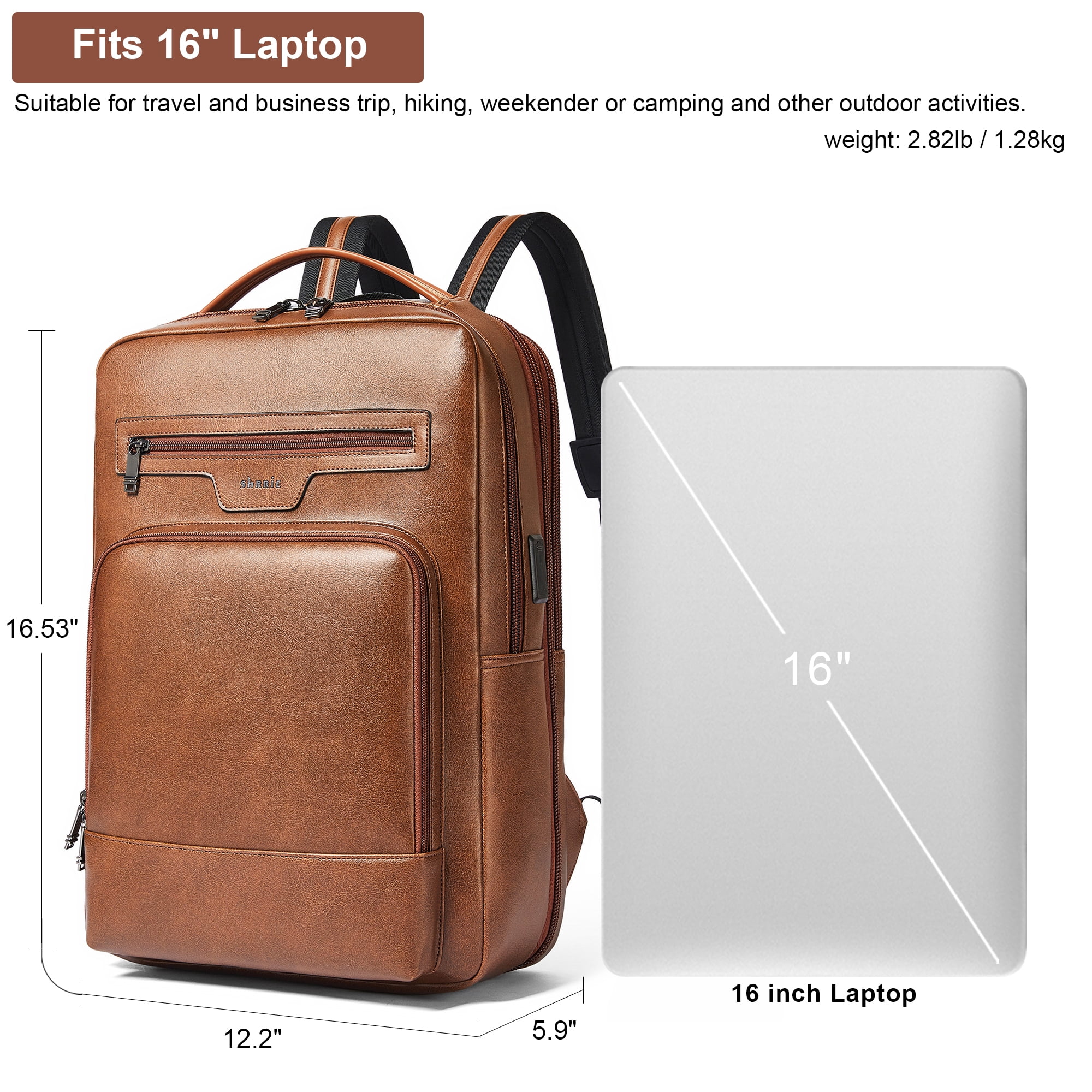 Shrrie Leather Laptop Backpack for Women and Men,28 L Travel Backpack Computer Bag Fits 16 inch Laptop,Expandable Casual Daypack with USB Charging Port for Work Business Weekender College