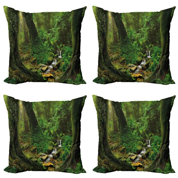 Ambesonne Nature Throw Pillow Cover 4 Pack, Nepal Jungle Forest, 24", Green