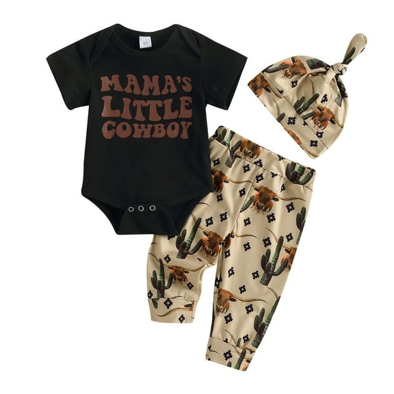 Infant Baby Boy Clothes 3M 6M 12M 18M Funny Letter Cow Print Bodysuits with Long Pants Leggings Hat 3pcs Newborn Cowboy Outfit