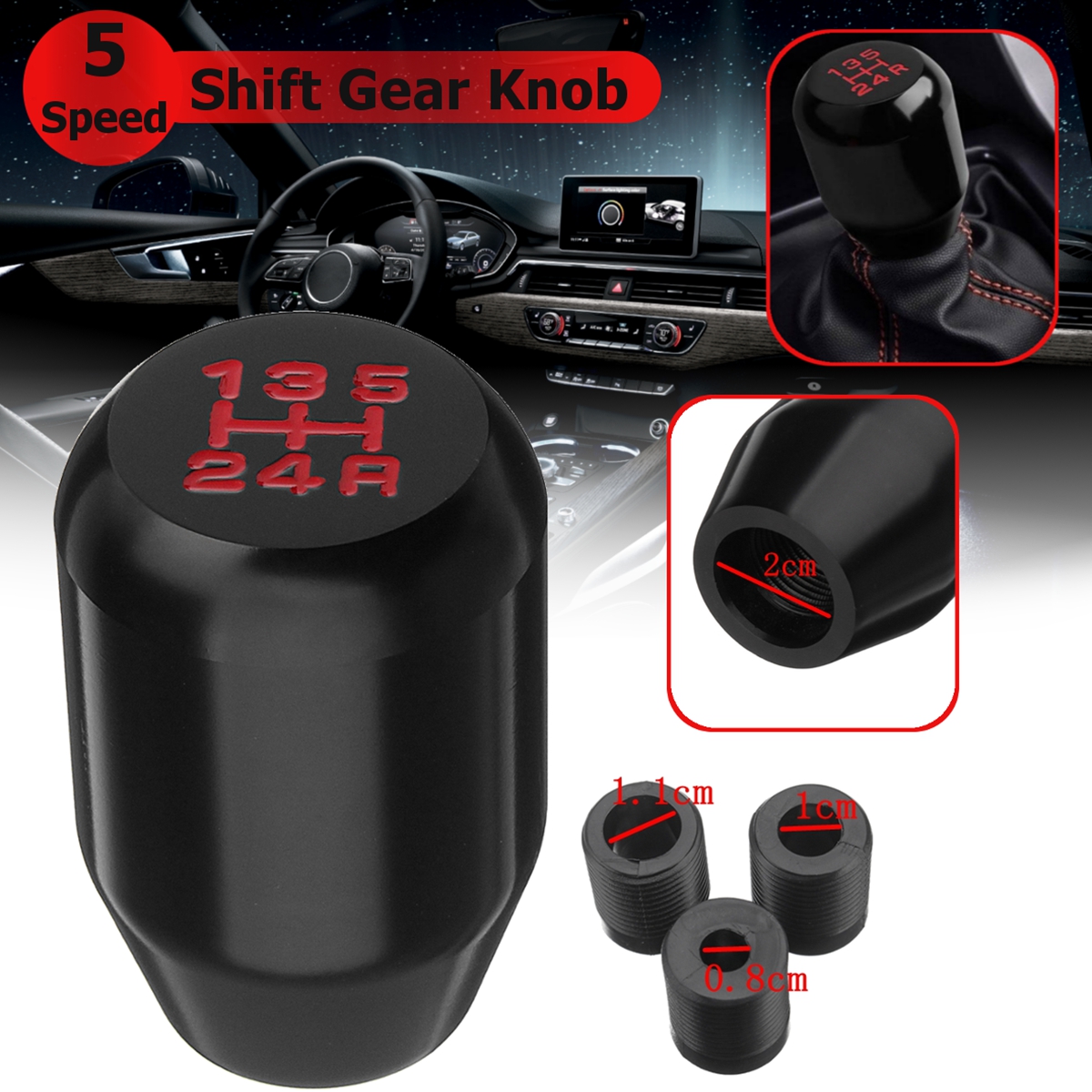5 Speed Universal Car Aluminum Gear Shift Knob Head Stick Shifter Black