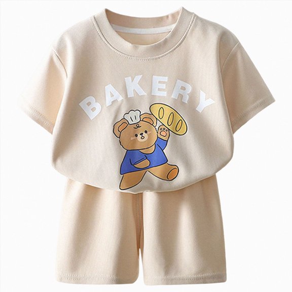 Little Boy Clothes Set Toddler Baby Boy Bear Bakery Print Short Sleeve T-Shirt & Solid Shorts 2-Piece Summer Outfit Toddler Boy Short Set