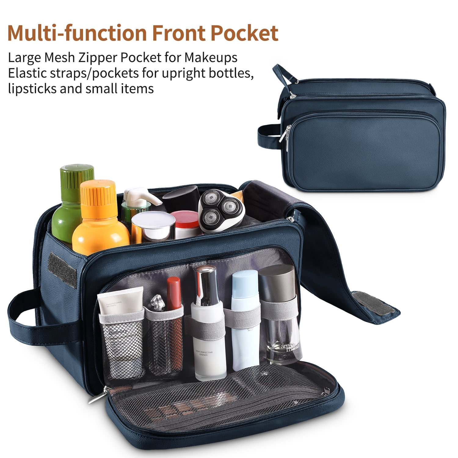 Large Capacity Toiletry Bag for Men, Leather Hanging Toiletry Organizer Cosmetics Makeup Bag, Blue