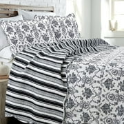 Bilot French Medallion Black White Grey Rose Flower Pattern Printed 100% Cotton Bedding Quilt Set Reversible Coverlet Bedspread (Black White, Queen - 3 Piece)