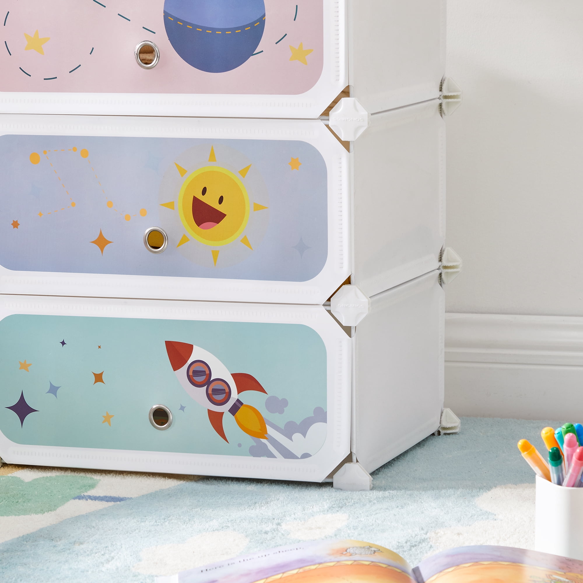 SONGMICS Kids' Shoe Rack with Doors, 6-Slot Stackable Storage Organizer, Plastic Wardrobe, Toys, Books, Clothes, 12.2 x 16.9 x 41.3 Inches, Cloud White