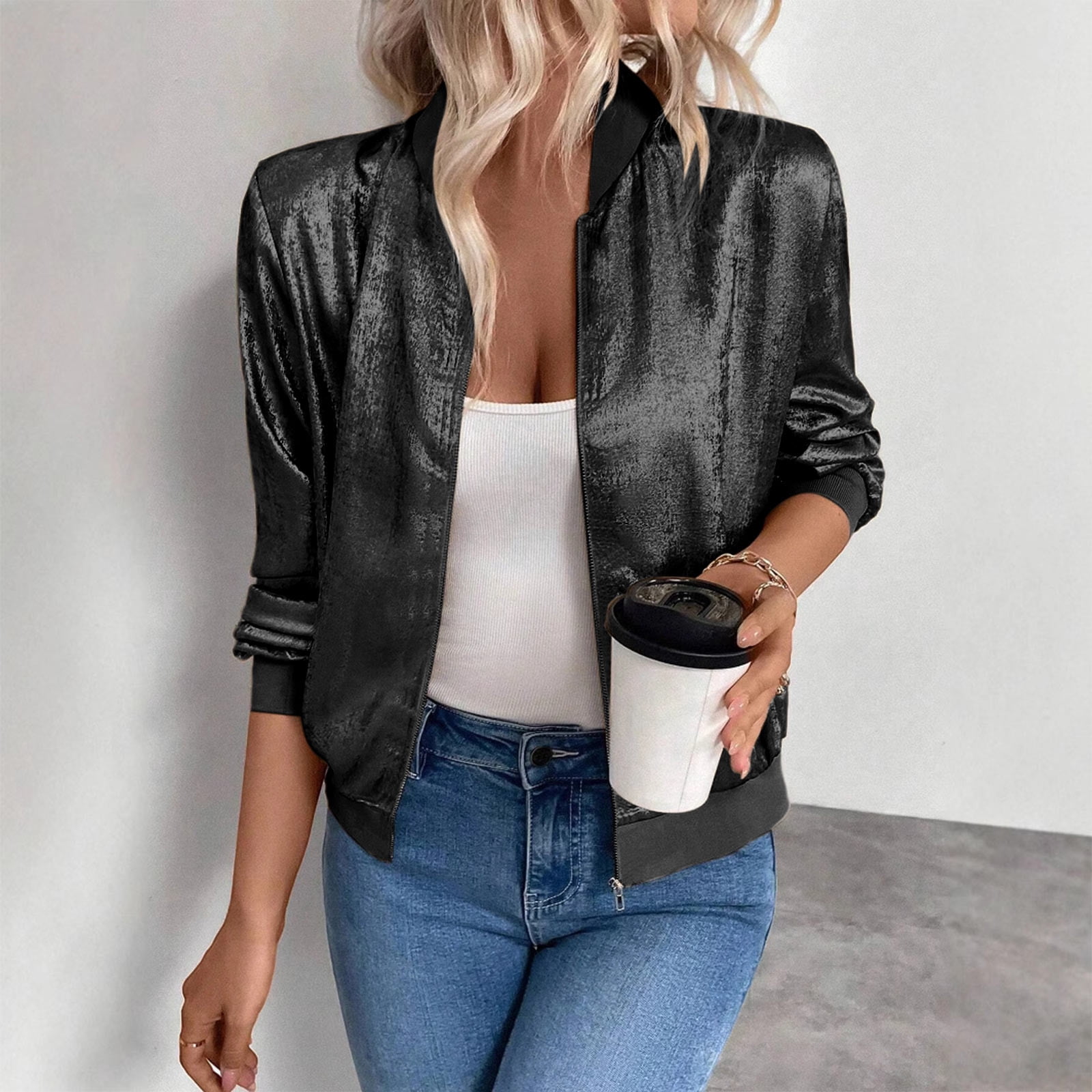 Women's Metallic Zipper Bomber Jacket Outwear Long Sleeve Lightweight Jacket Coats